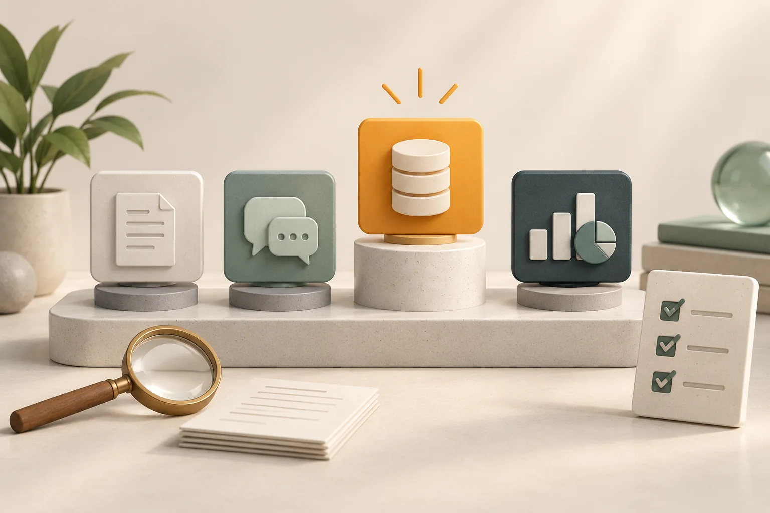 Conceptual illustration of comparing document, communication, data and analysis AI tools