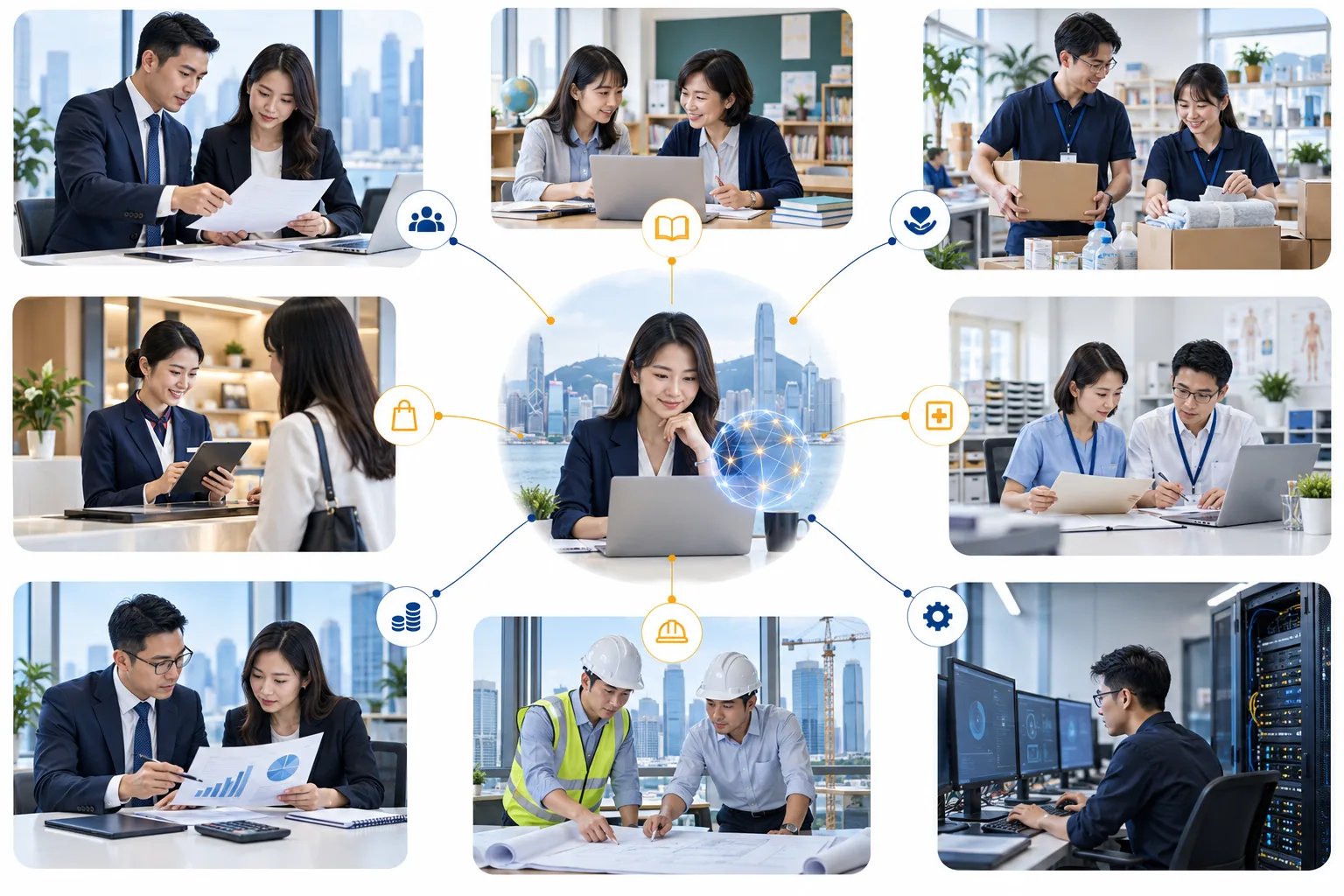 香港八大行業圍繞 Human + AI 工作流程:專業服務、教育、NGO、零售、醫療行政、金融、物業建築及 IT 營運