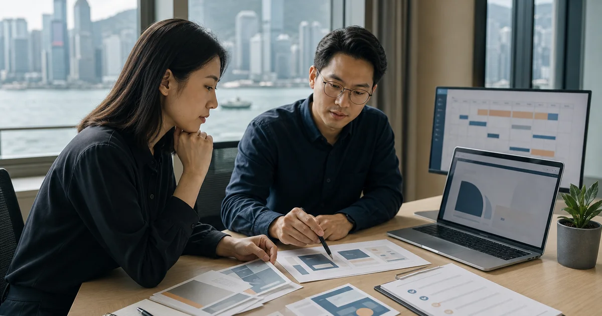 Content editor and website owner reviewing templates, approvals and a maintenance calendar before launch