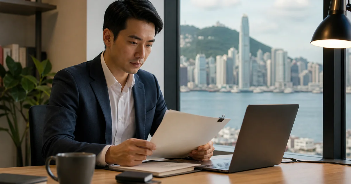 Consultant checking a Word proposal draft against approved service material and examples
