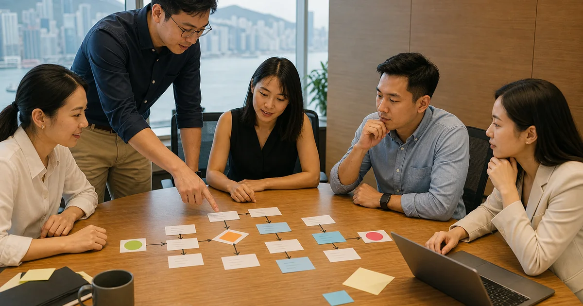 Cross-functional team scoring a workflow with visible review and exception steps