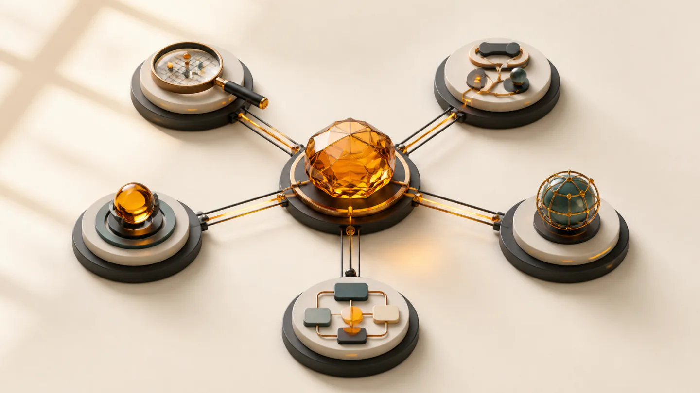 A central amber core connects five distinct stations for site audit, redirects, domain health, IP and workflow planning.
